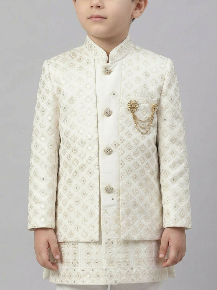 Boys Embroidered White Indo Western Sherwani Set with Jacket and Brooch | SHOBITAM