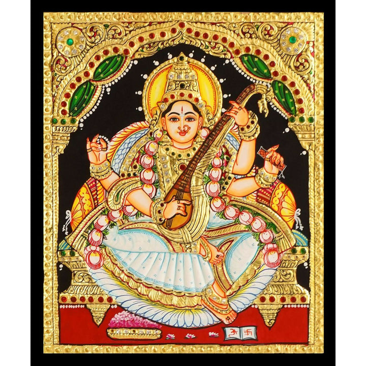 10*12 Authentic TANJORE PAINTING SARASWATHI With 22 Ct gold Foil and Jaipur Gemstones,Unframed | SHOBITAM