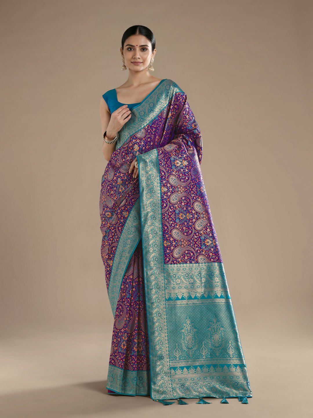 Purple Banarasi Semi Silk Saree With Traditional Paisley Weaves | SHOBITAM