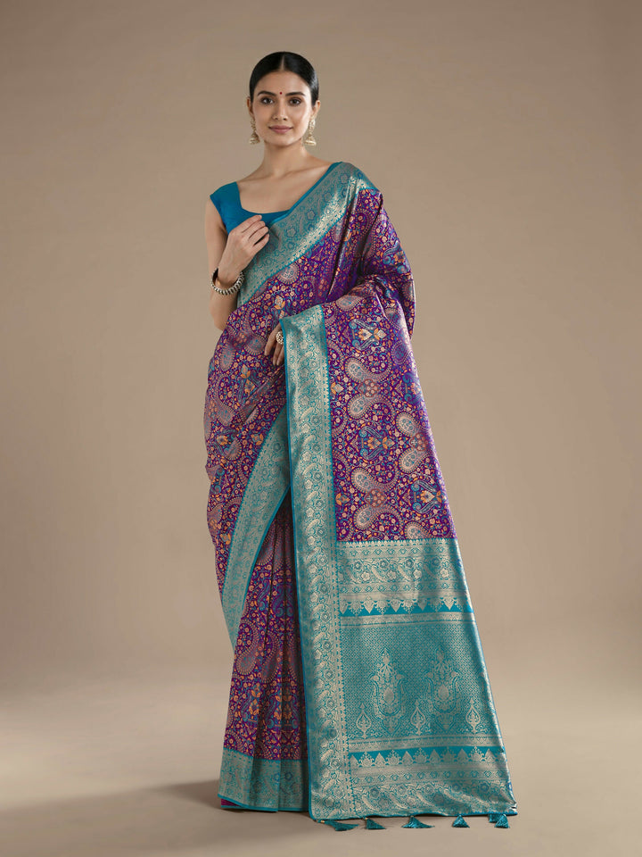 Purple Banarasi Semi Silk Saree With Traditional Paisley Weaves | SHOBITAM