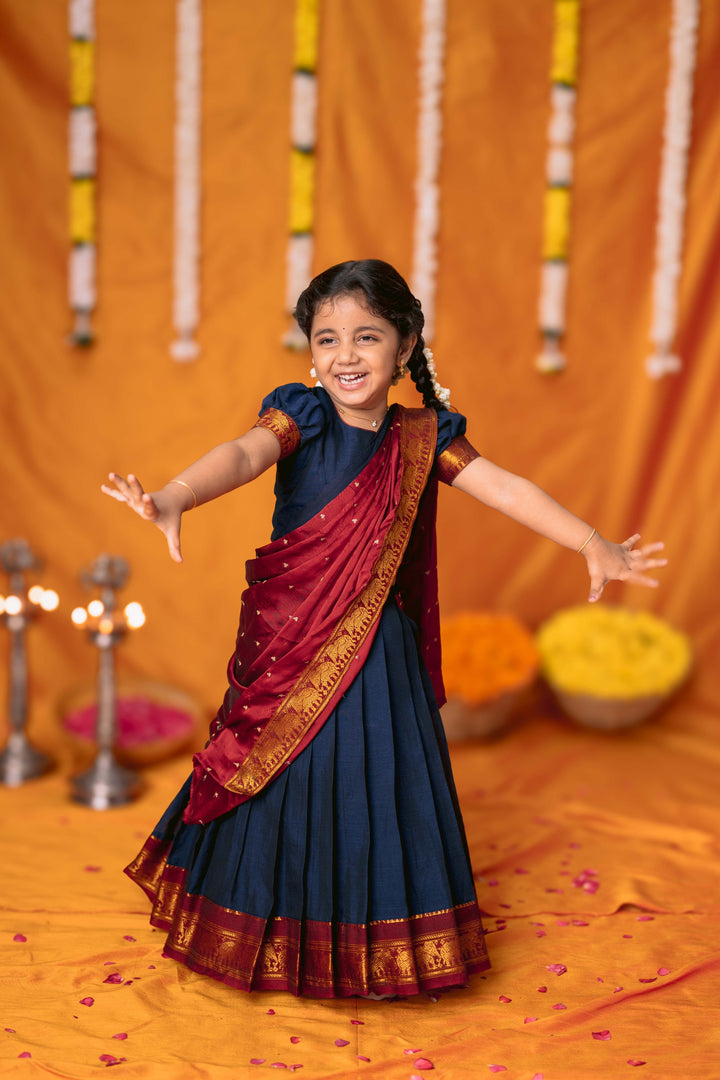 Ezhili Navy Handloom Half Saree Mini | Made To Order