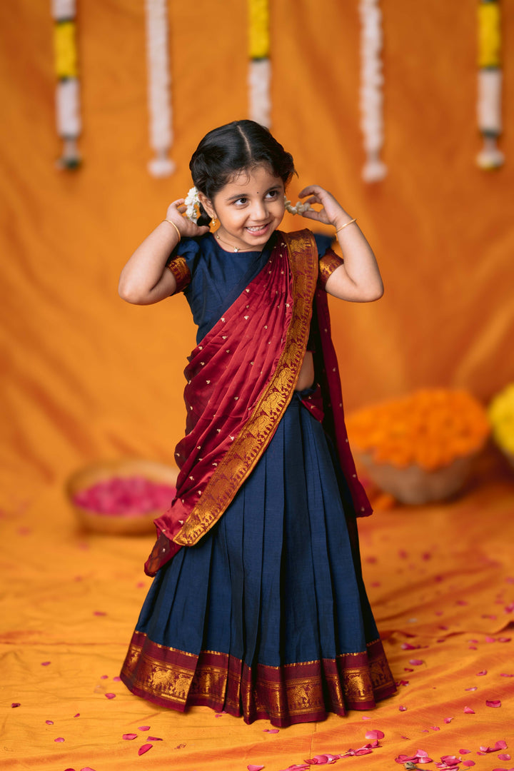 Ezhili Navy Handloom Half Saree Mini | Made To Order
