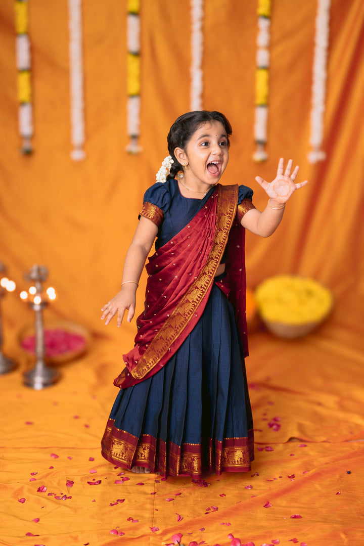 Ezhili Navy Handloom Half Saree Mini | Made To Order