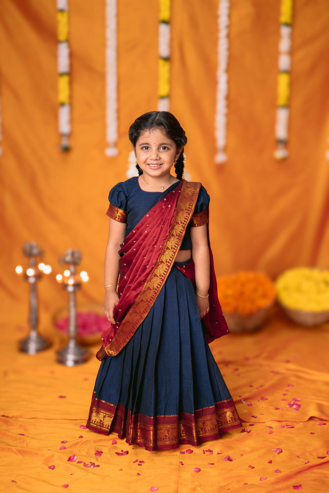Ezhili Navy Handloom Half Saree Mini | Made To Order