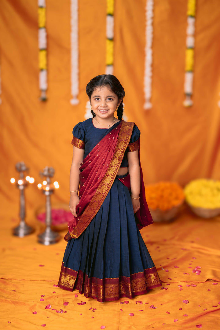 Ezhili Navy Handloom Half Saree Mini | Made To Order