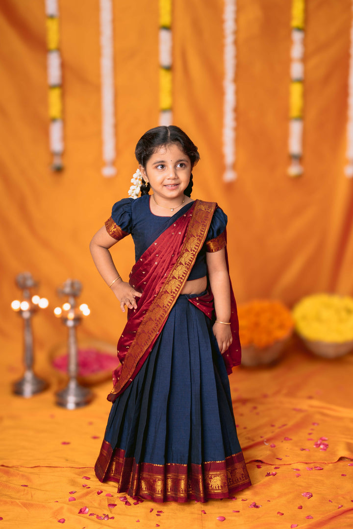 Ezhili Navy Handloom Half Saree Mini | Made To Order