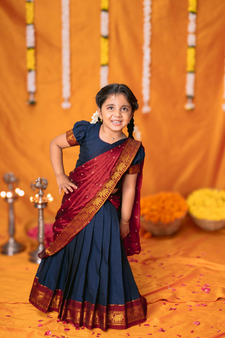 Ezhili Navy Handloom Half Saree Mini | Made To Order