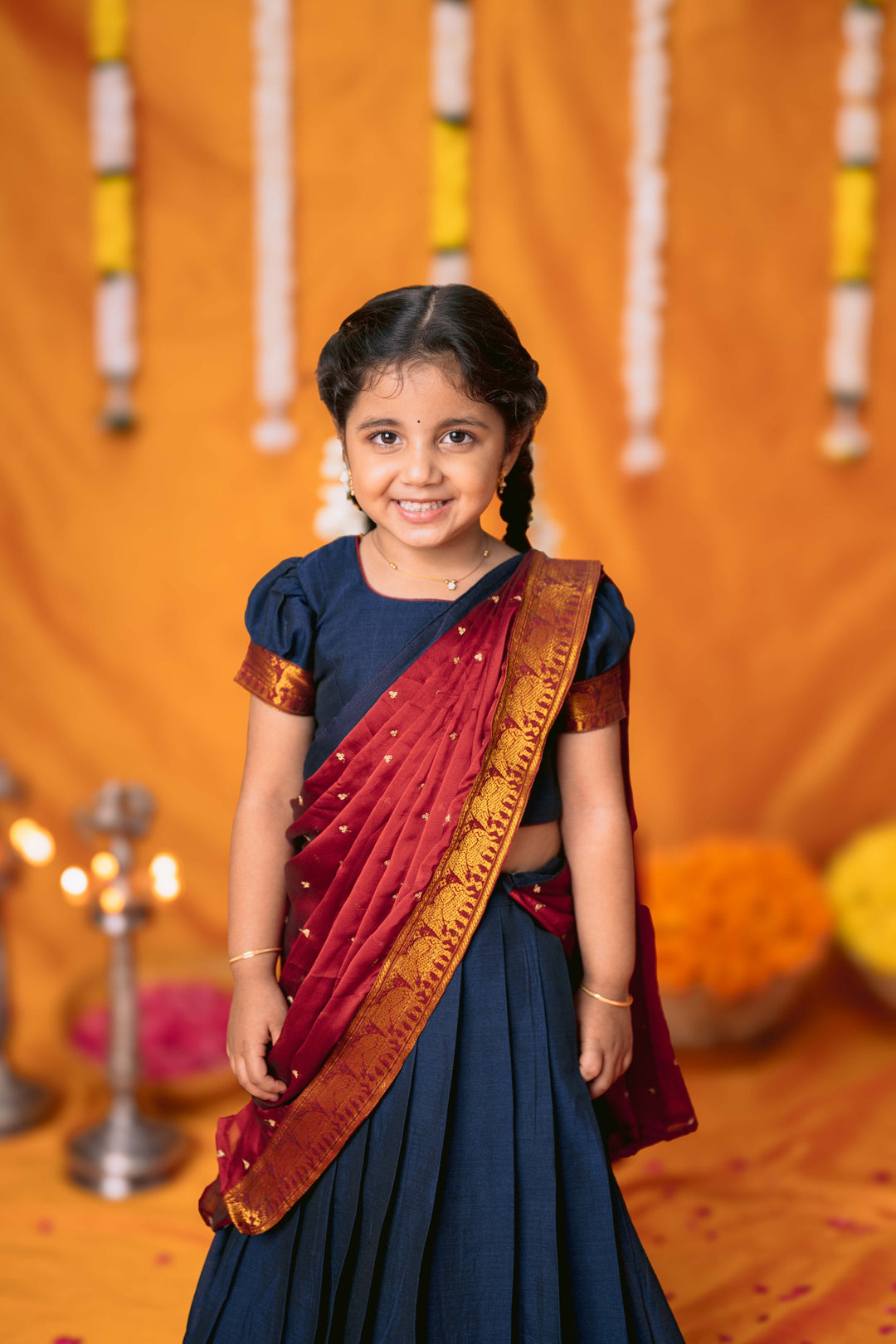 Ezhili Navy Handloom Half Saree Mini | Made To Order