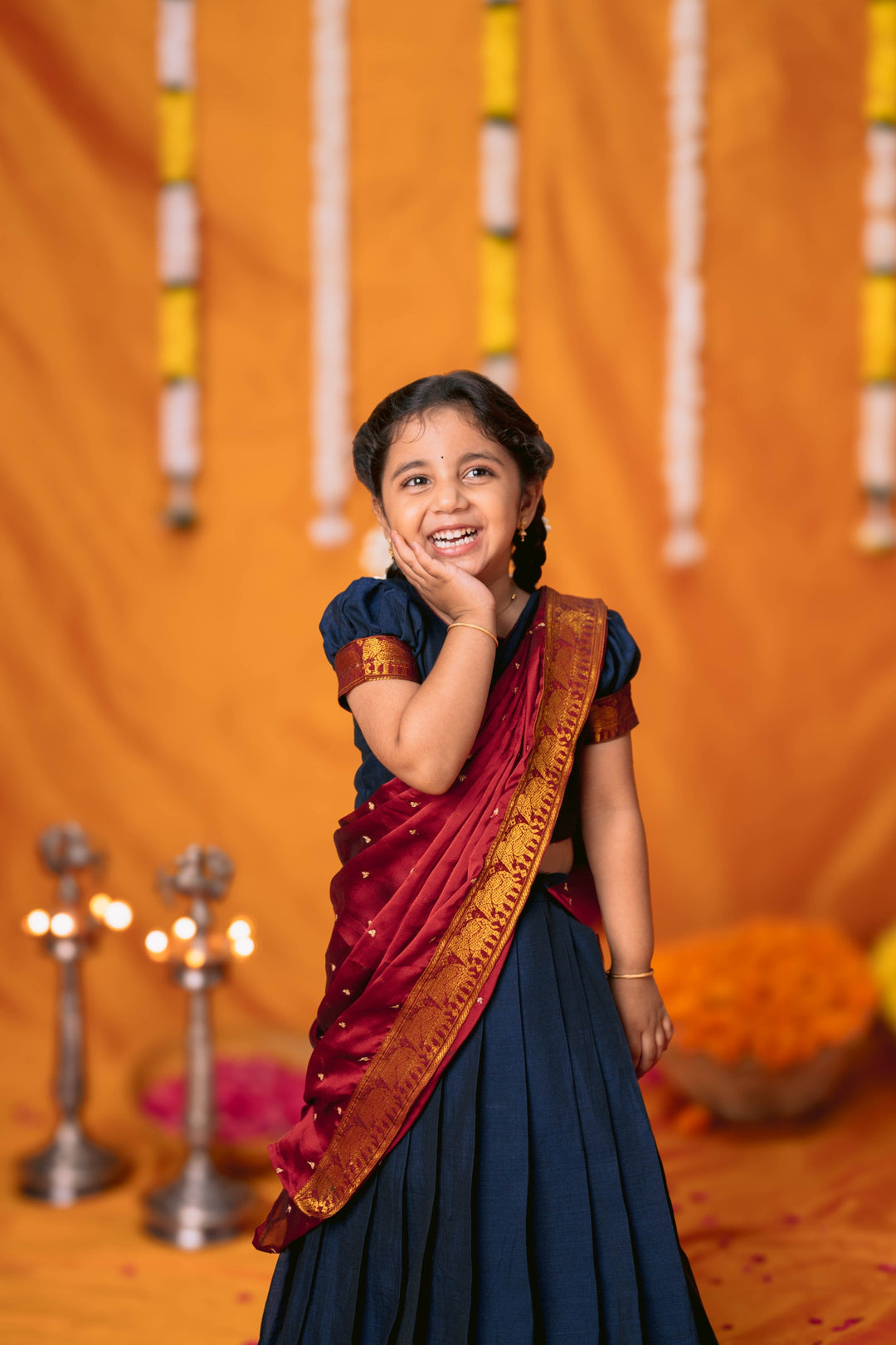 Ezhili Navy Handloom Half Saree Mini | Made To Order