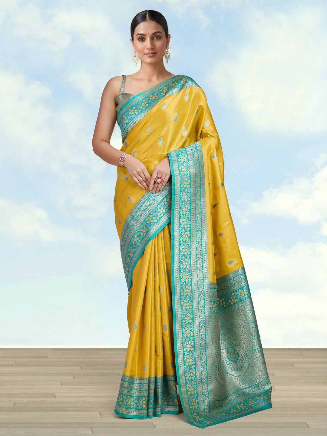 Semi Banarasi Tissue Silk Zari Woven Yellow Saree | SHOBITAM