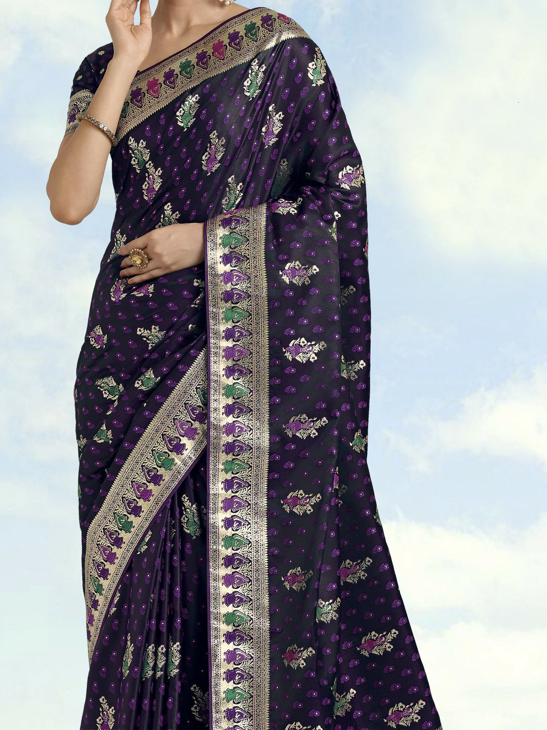Purple With Gold Bordar Banarasi Satin Zari Woven Saree | SHOBITAM