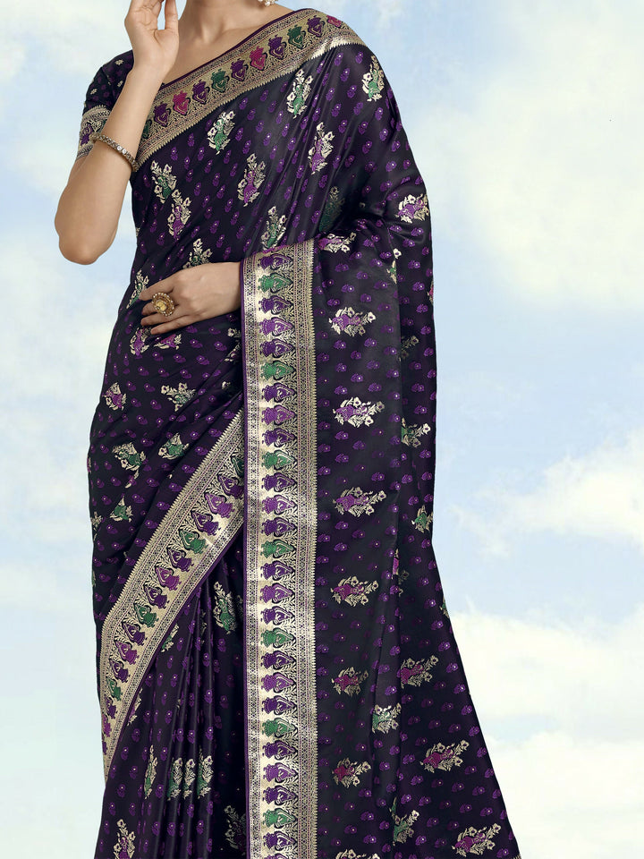 Purple With Gold Bordar Banarasi Satin Zari Woven Saree | SHOBITAM