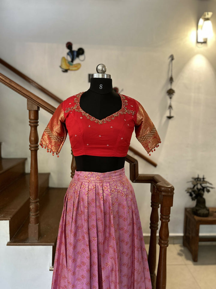 Rose Pink Brocade Skirt With Red Blouse | SHOBITAM