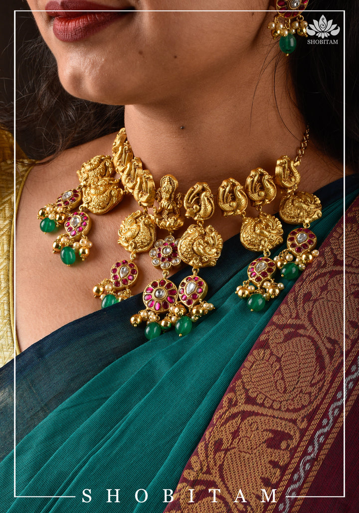 Three Layer Nagas Necklace Set with Kemp Stones | Shobitam Jewelry
