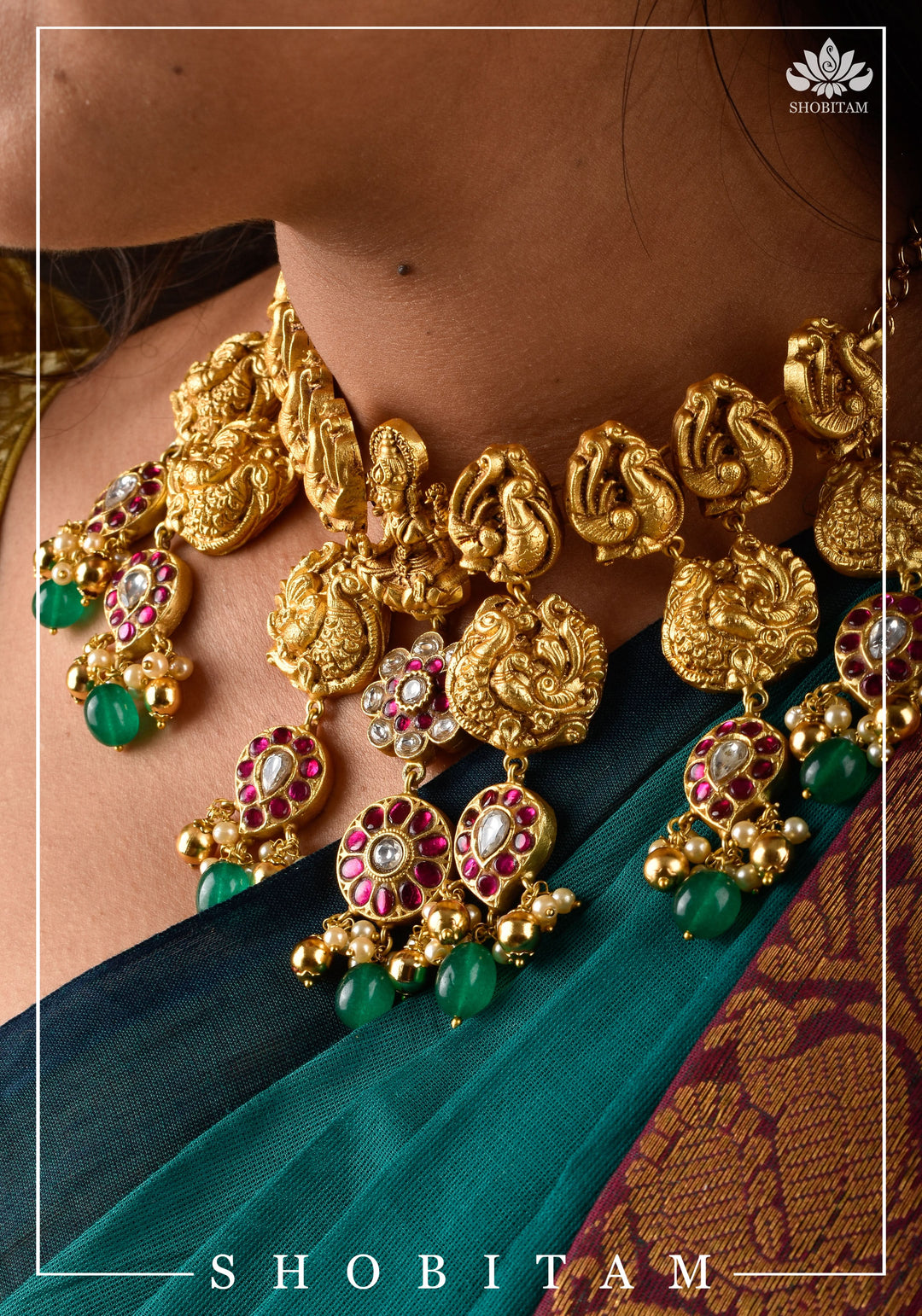 Three Layer Nagas Necklace Set with Kemp Stones | Shobitam Jewelry