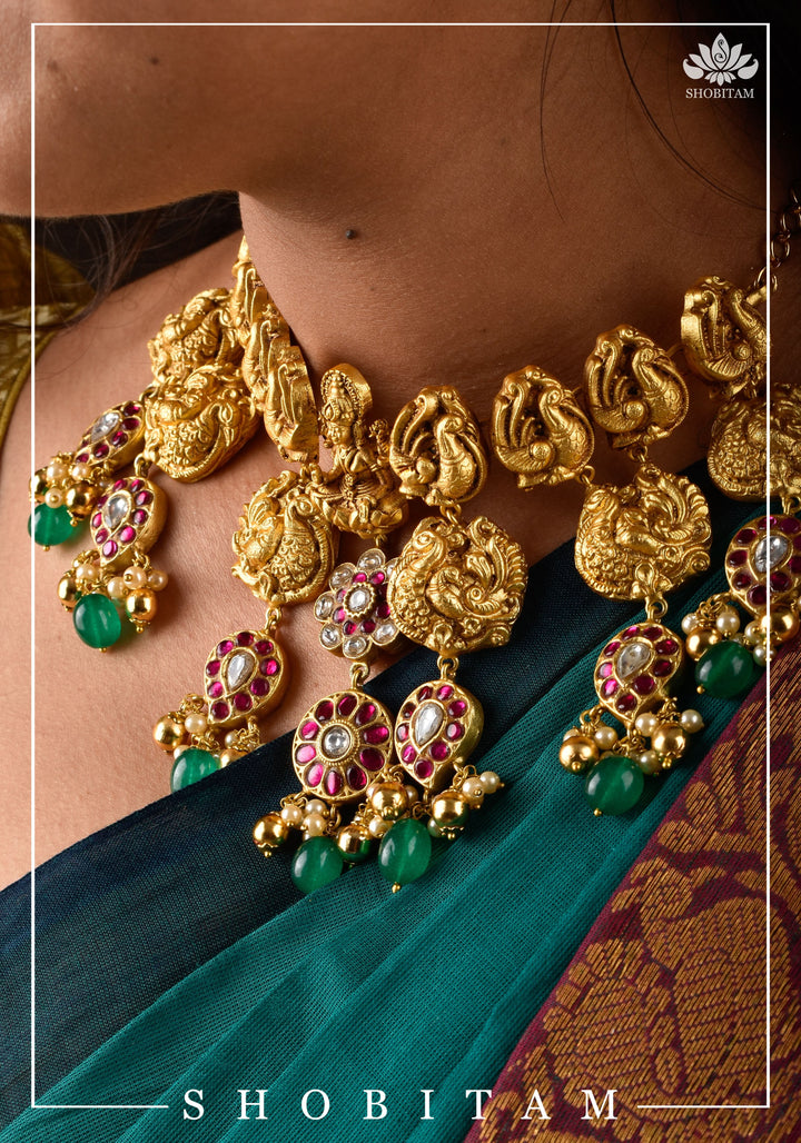 Three Layer Nagas Necklace Set with Kemp Stones | Shobitam Jewelry