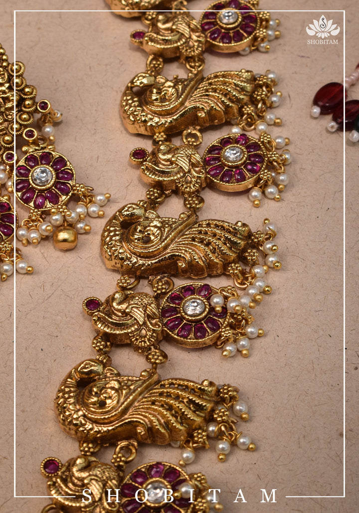 Shiva Family Nagas work Long Necklace Set in Antique Finish | Shobitam Jewelry