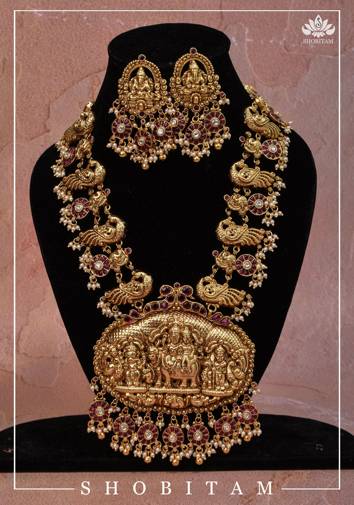 Shiva Family Nagas work Long Necklace Set in Antique Finish | Shobitam Jewelry
