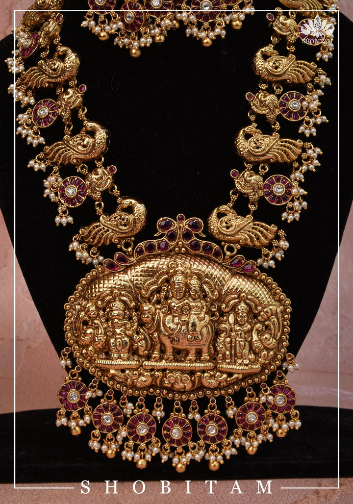 Shiva Family Nagas work Long Necklace Set in Antique Finish | Shobitam Jewelry