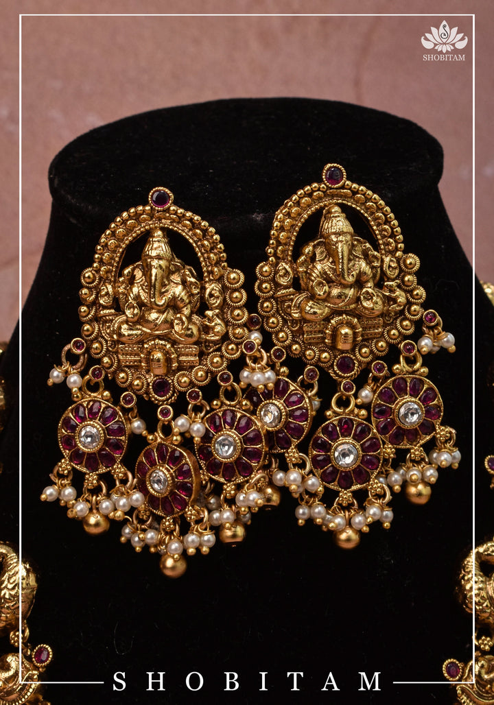 Shiva Family Nagas work Long Necklace Set in Antique Finish | Shobitam Jewelry