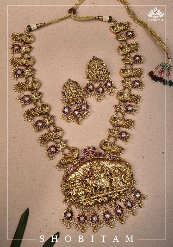 Shiva Family Nagas work Long Necklace Set in Antique Finish | Shobitam Jewelry