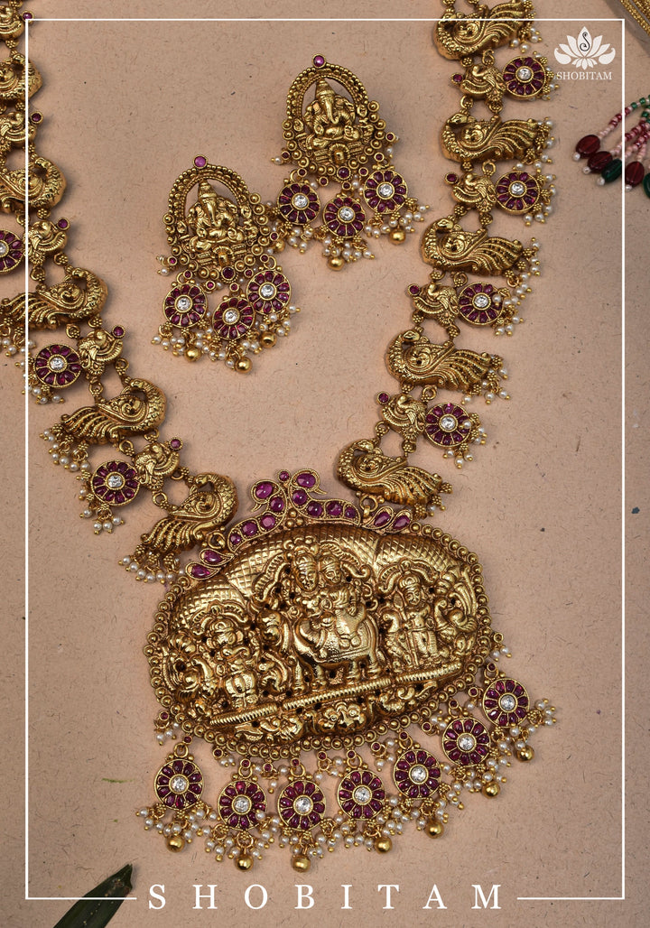 Shiva Family Nagas work Long Necklace Set in Antique Finish | Shobitam Jewelry