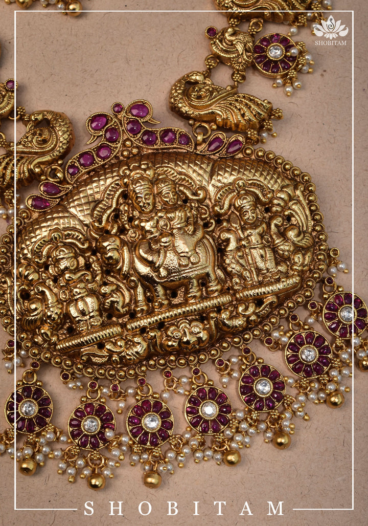 Shiva Family Nagas work Long Necklace Set in Antique Finish | Shobitam Jewelry