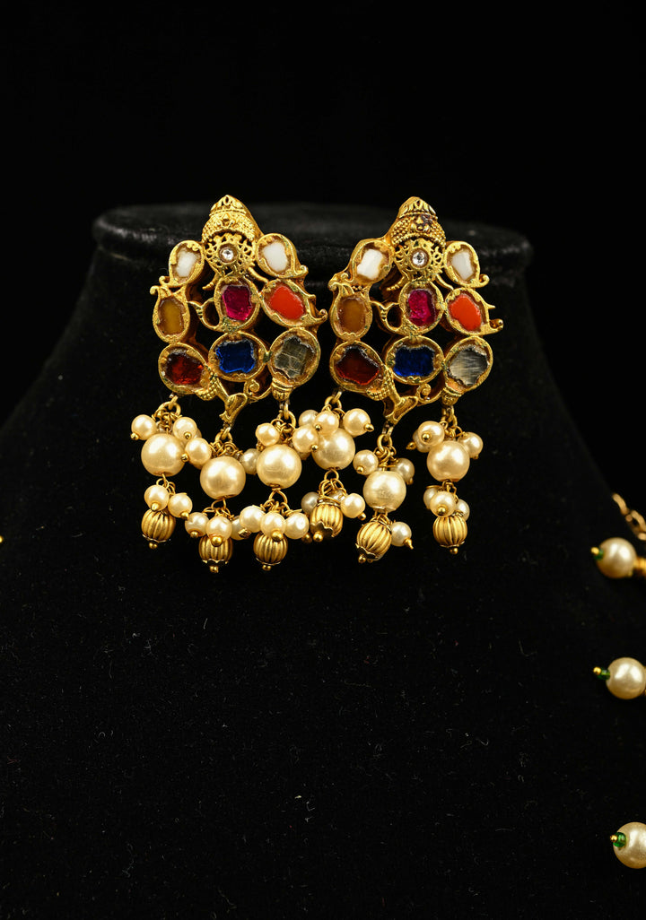 Magnificent Temple Jewelry Inspired Antique Gold tone Nagas Lakshmi and Navaratna Ganesh Necklace Set