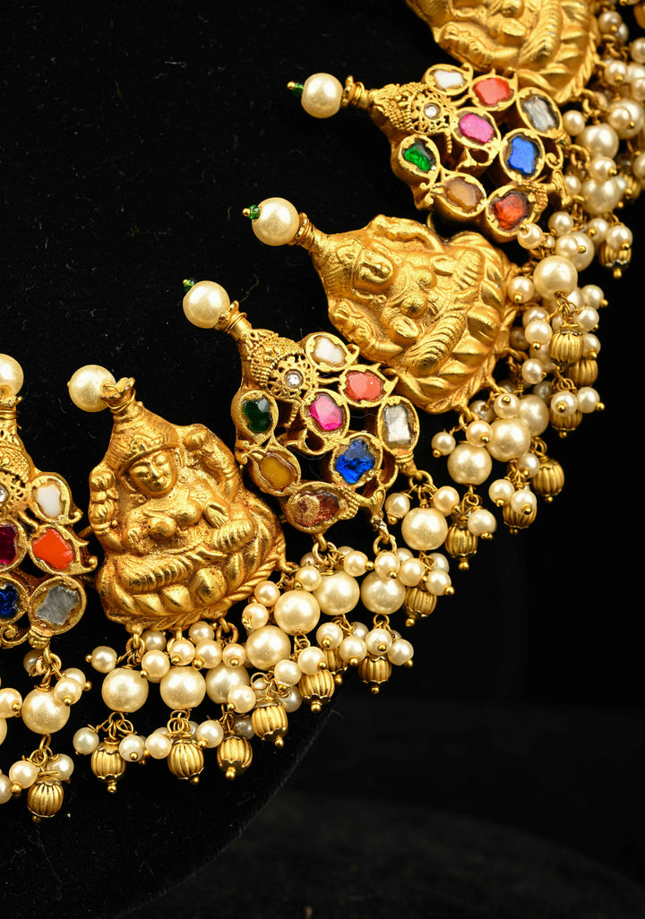 Magnificent Temple Jewelry Inspired Antique Gold tone Nagas Lakshmi and Navaratna Ganesh Necklace Set