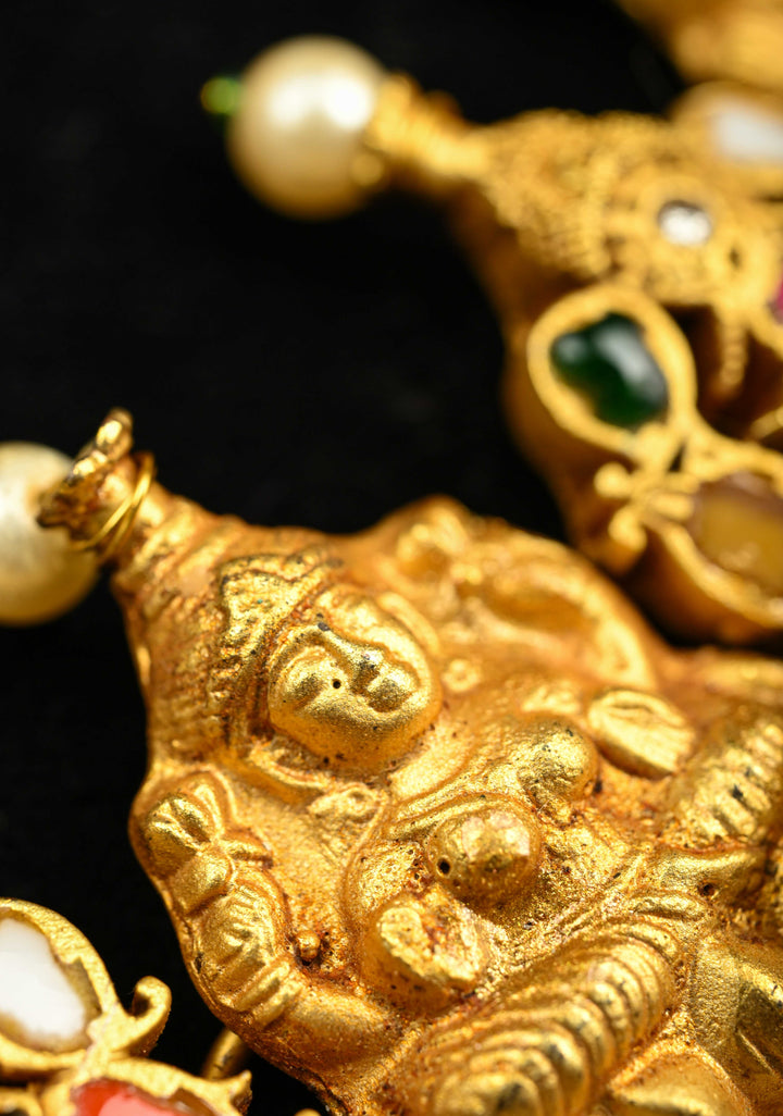 Magnificent Temple Jewelry Inspired Antique Gold tone Nagas Lakshmi and Navaratna Ganesh Necklace Set