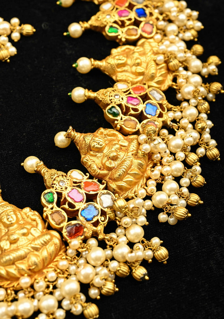 Magnificent Temple Jewelry Inspired Antique Gold tone Nagas Lakshmi and Navaratna Ganesh Necklace Set
