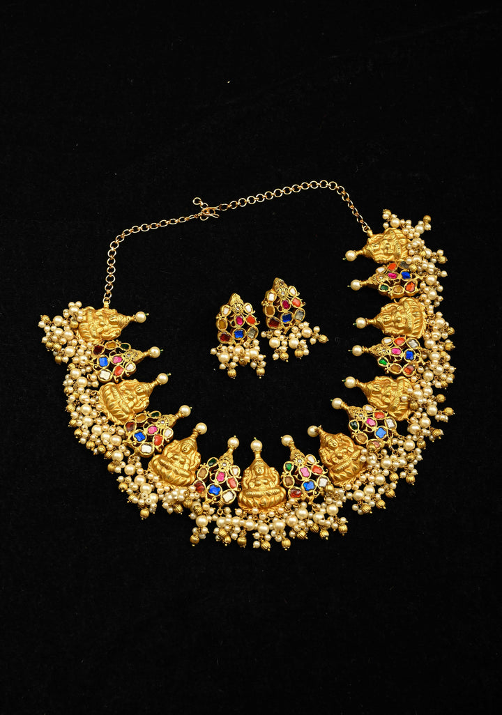 Magnificent Temple Jewelry Inspired Antique Gold tone Nagas Lakshmi and Navaratna Ganesh Necklace Set