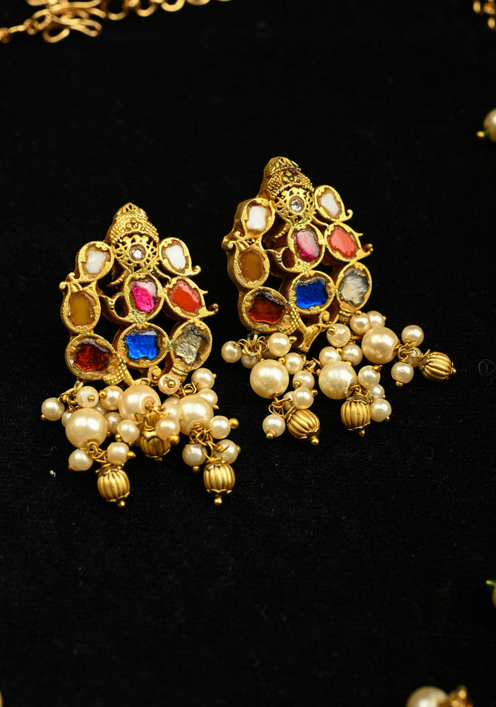 Magnificent Temple Jewelry Inspired Antique Gold tone Nagas Lakshmi and Navaratna Ganesh Necklace Set