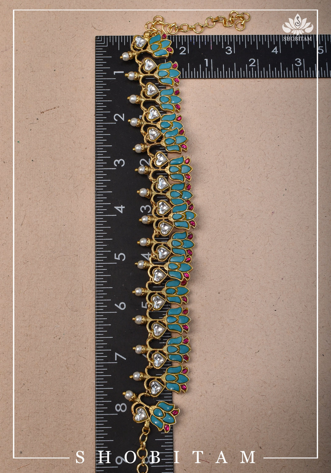 Grayish Teal Falling Lotus Design Falling Lotus design Jadau Necklace Set