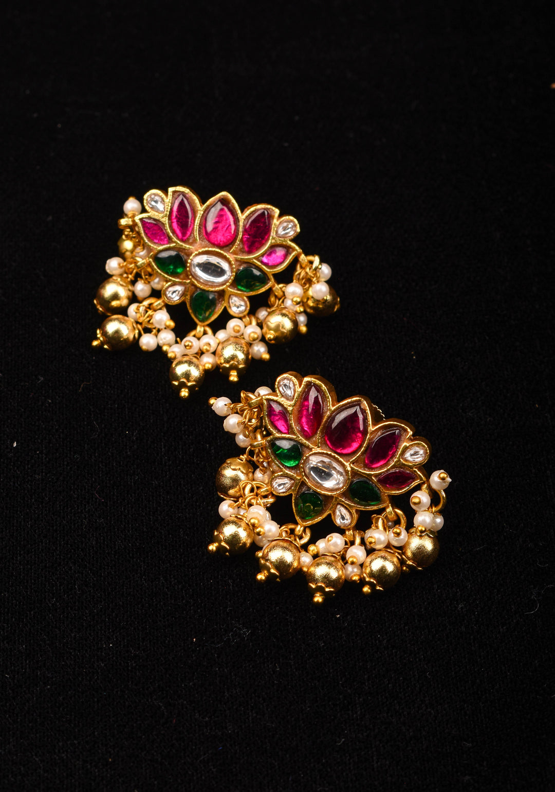 Jadau Blooming Lotus Earrings with Kundan stones and dangling beads | Shobitam Jewelry