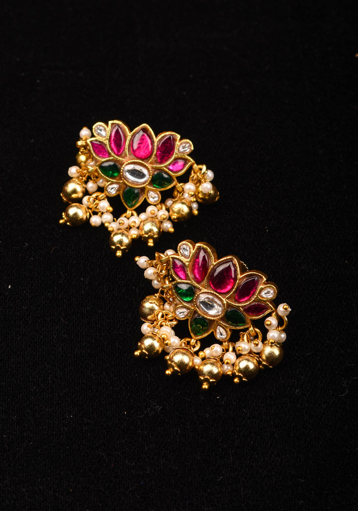 Jadau Blooming Lotus Earrings with Kundan stones and dangling beads | Shobitam Jewelry
