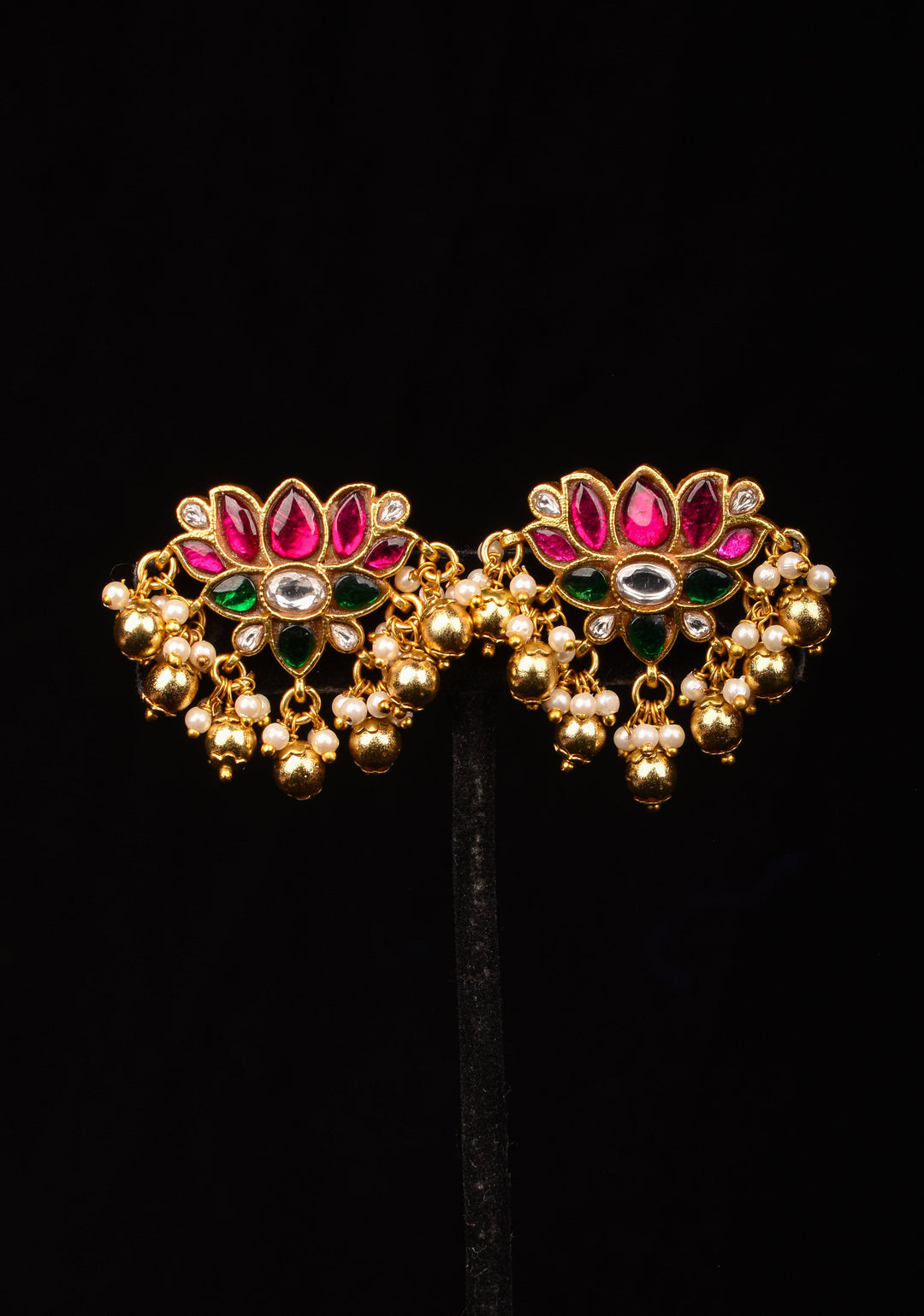 Jadau Blooming Lotus Earrings with Kundan stones and dangling beads | Shobitam Jewelry