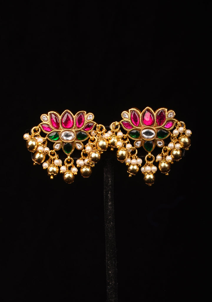 Jadau Blooming Lotus Earrings with Kundan stones and dangling beads | Shobitam Jewelry