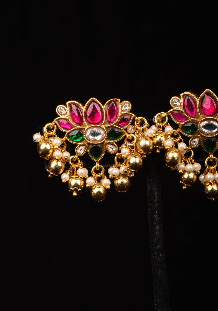 Jadau Blooming Lotus Earrings with Kundan stones and dangling beads | Shobitam Jewelry