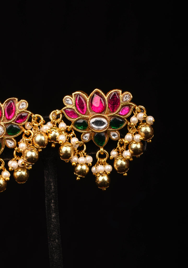 Jadau Blooming Lotus Earrings with Kundan stones and dangling beads | Shobitam Jewelry