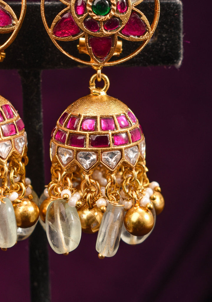 Ahmedabadi Jadau Jhumka earrings in Antique gold tone  2.6"