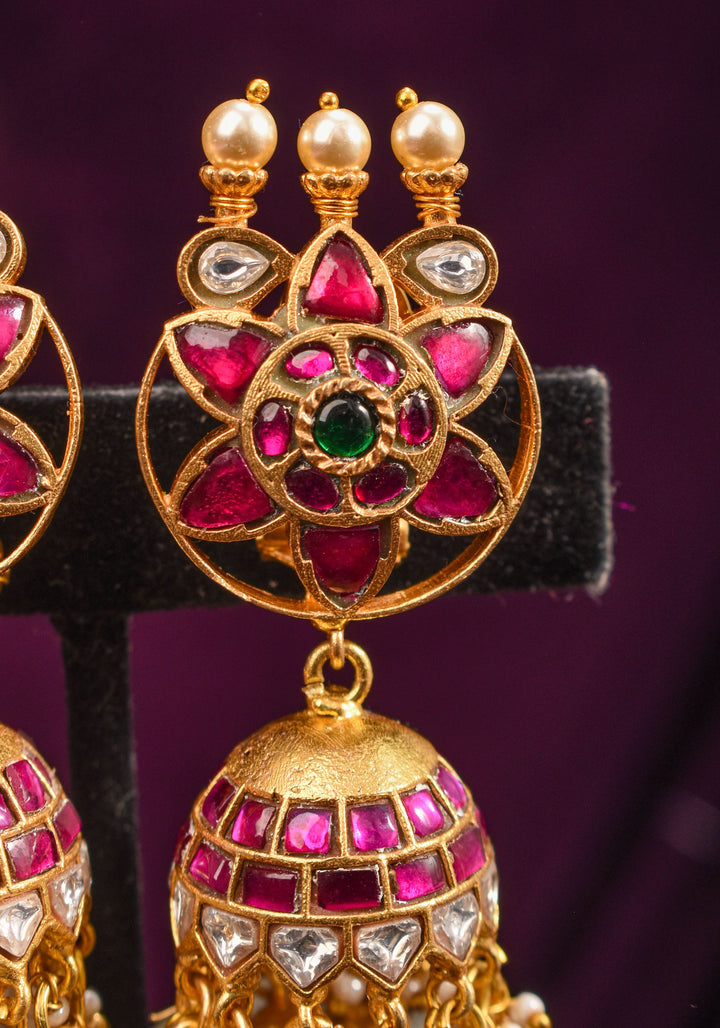 Ahmedabadi Jadau Jhumka earrings in Antique gold tone  2.6"