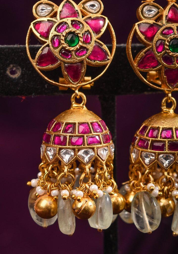 Ahmedabadi Jadau Jhumka earrings in Antique gold tone  2.6"
