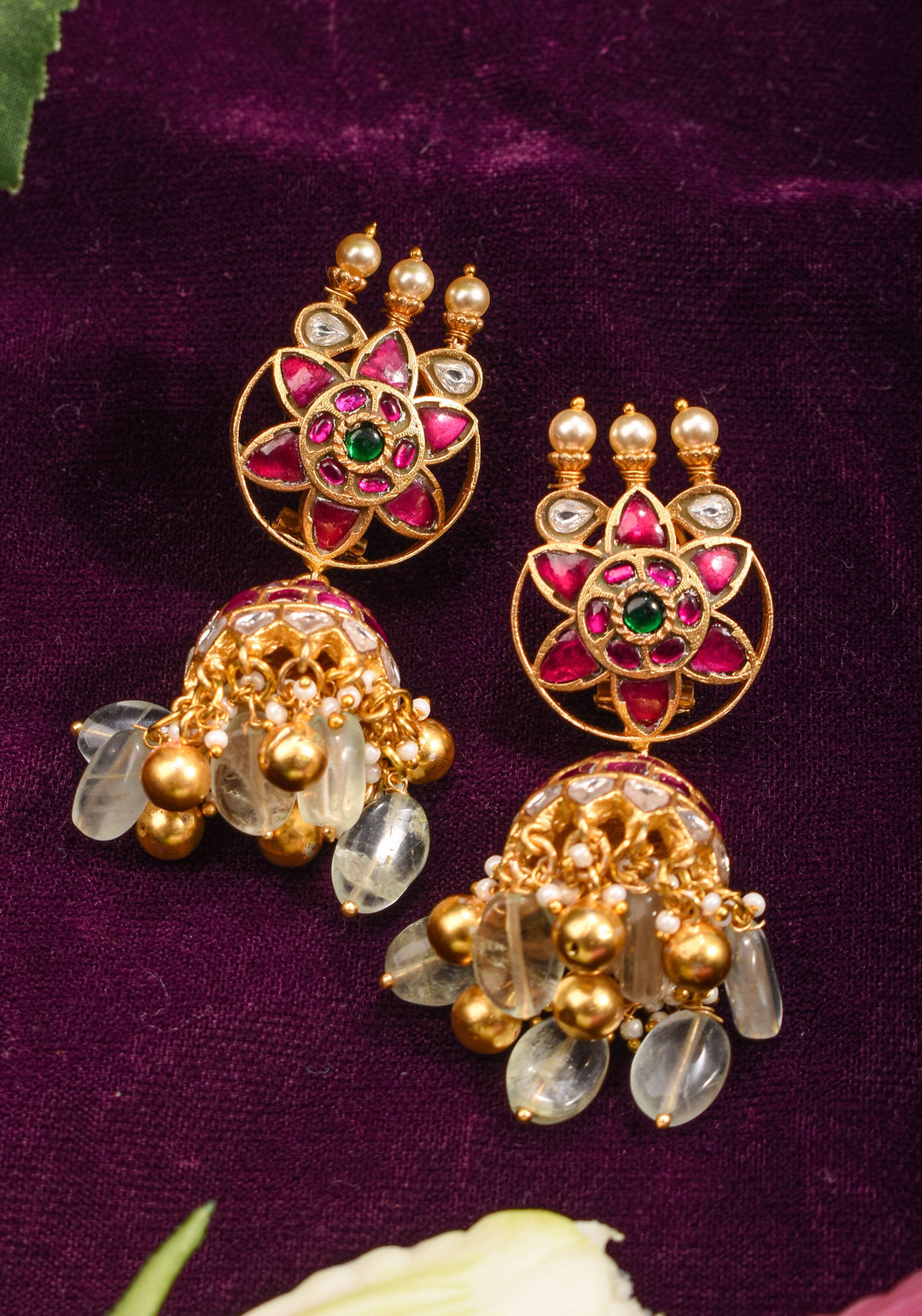 Ahmedabadi Jadau Jhumka earrings in Antique gold tone  2.6"