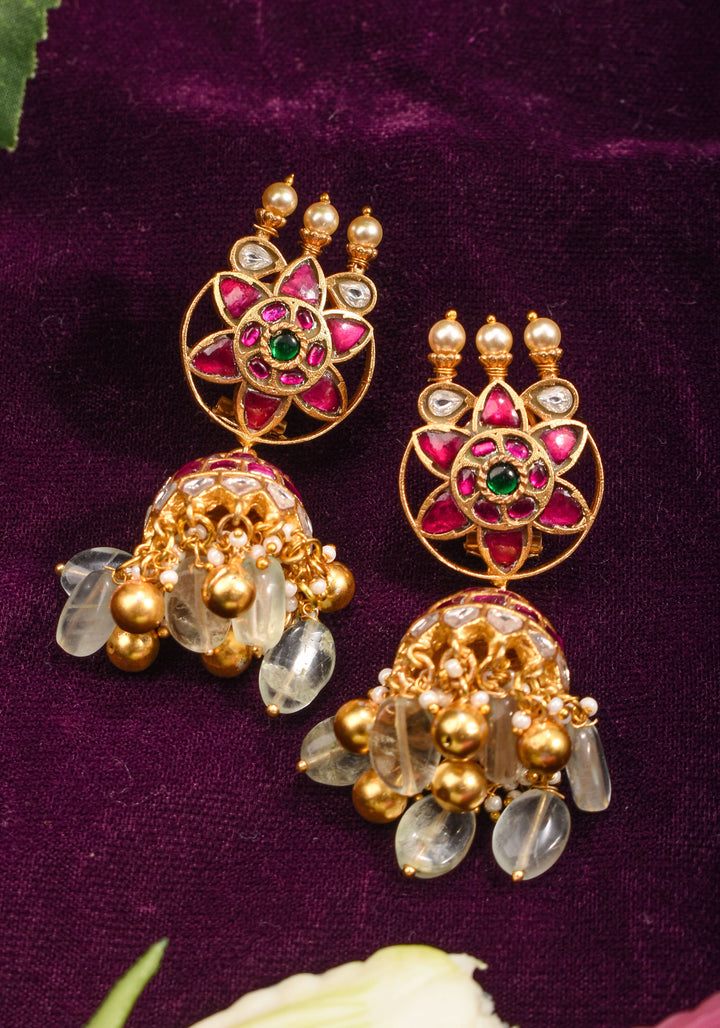 Ahmedabadi Jadau Jhumka earrings in Antique gold tone  2.6"