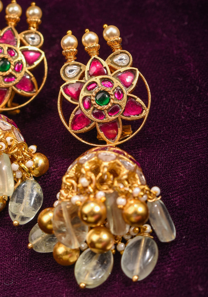 Ahmedabadi Jadau Jhumka earrings in Antique gold tone  2.6"