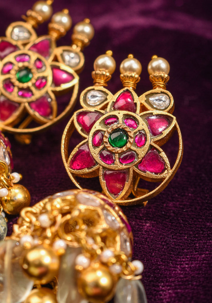 Ahmedabadi Jadau Jhumka earrings in Antique gold tone  2.6"