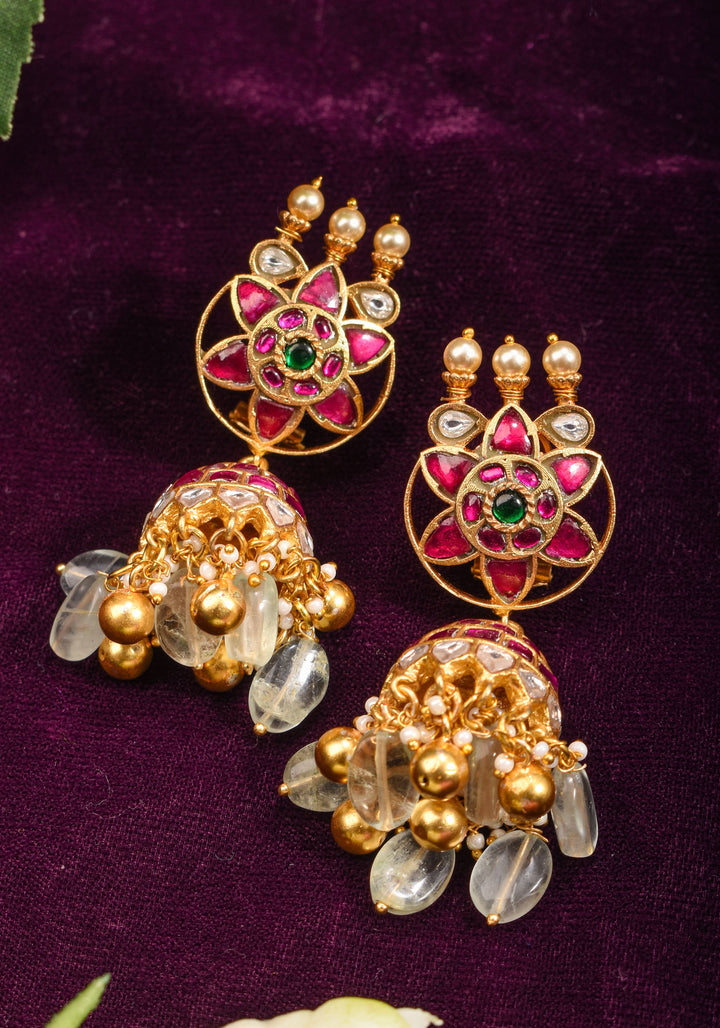 Ahmedabadi Jadau Jhumka earrings in Antique gold tone  2.6"
