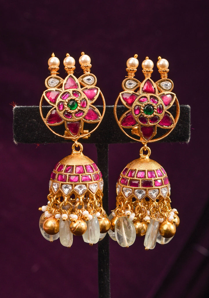 Ahmedabadi Jadau Jhumka earrings in Antique gold tone  2.6"