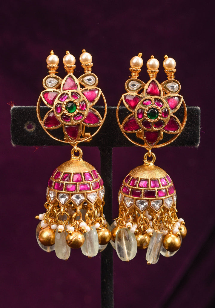 Ahmedabadi Jadau Jhumka earrings in Antique gold tone  2.6"